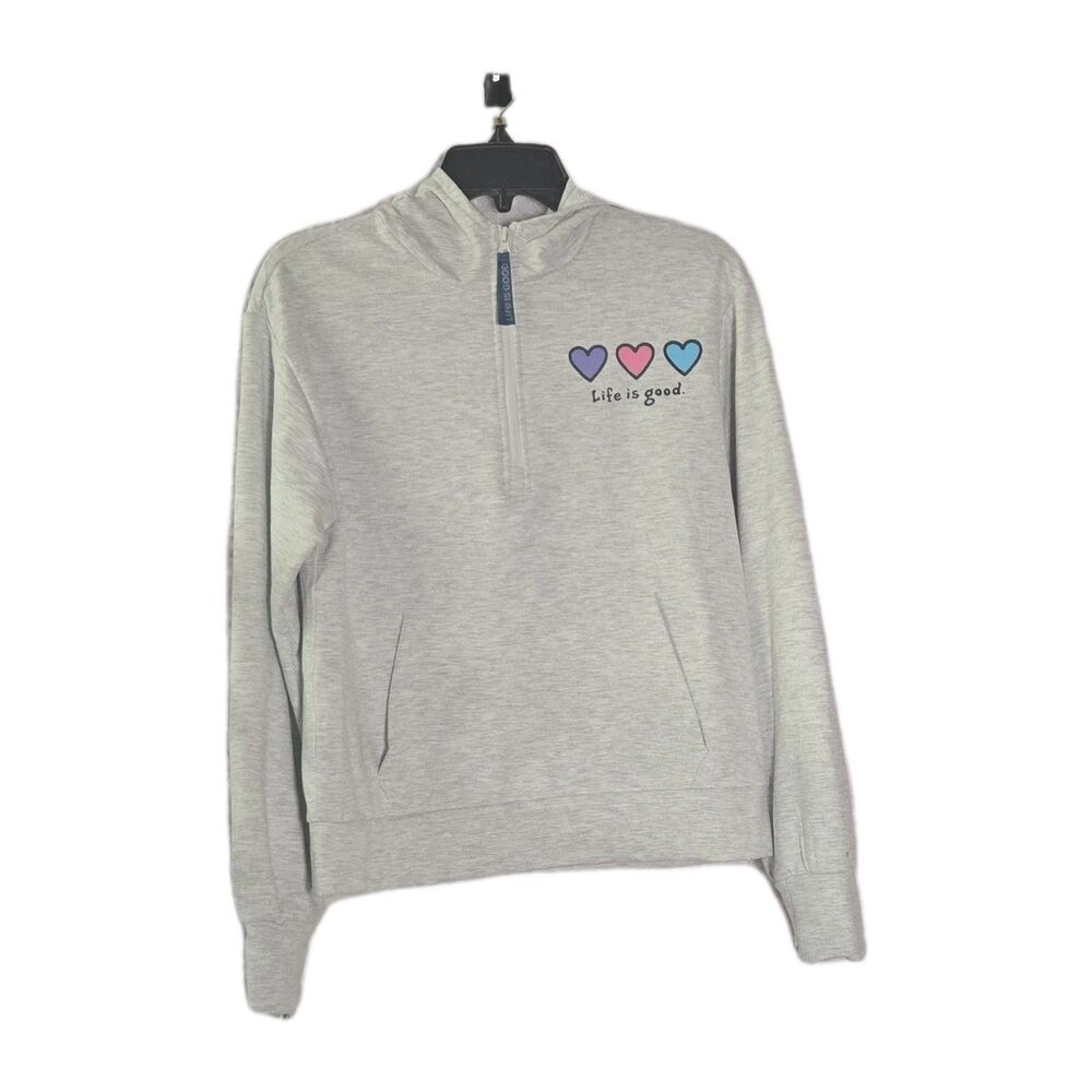 Life is Good Active Women’s Gray Fleece 1/4 Zip Hoodie Hearts Logo Size S